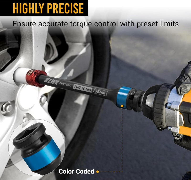 EWK 5 Pcs 1/2" Impact Torque Limiting Extension Bar Set, 65ft-lb, 80ft-lb, 100ft-lb, 120ft-lb, and 140ft-lb, High Precision Torque Limiting Stick Set with 8 Inches Long - Image 4